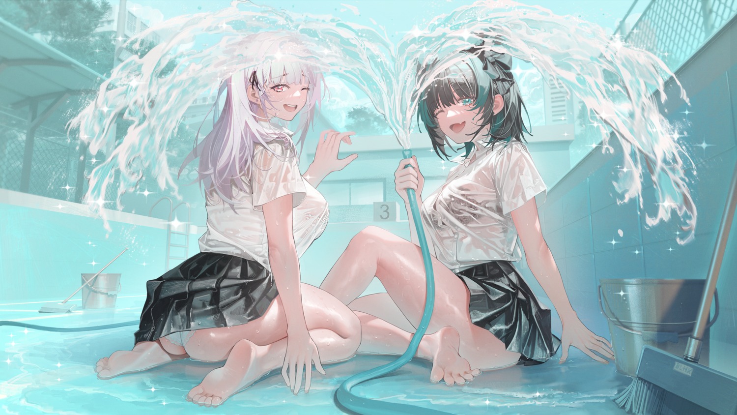 ass azur_lane bra cheshire_(azur_lane) dido_(azur_lane) feet koi_han pantsu see_through seifuku skirt_lift thong wet wet_clothes