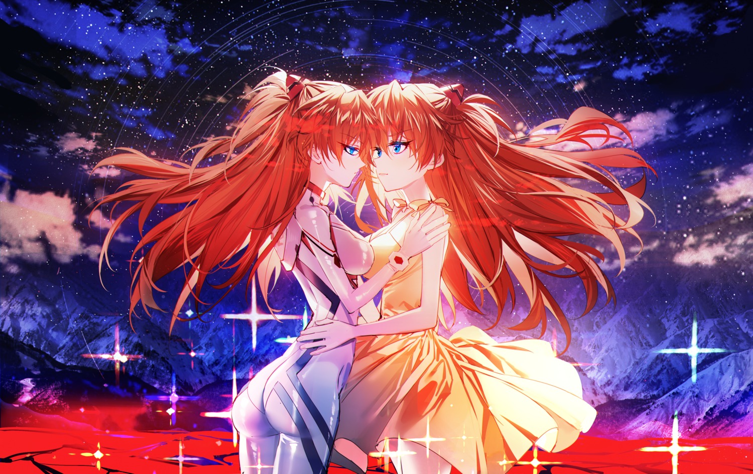 ass baocaizi bodysuit cleavage dress neon_genesis_evangelion skirt_lift souryuu_asuka_langley yuri