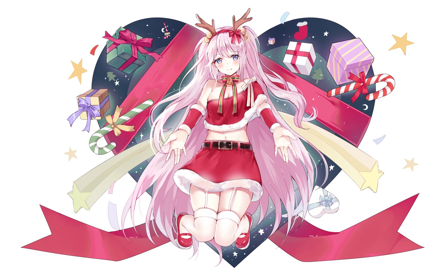 christmas cleavage horns hum_(ten_ten) no_bra stockings thighhighs