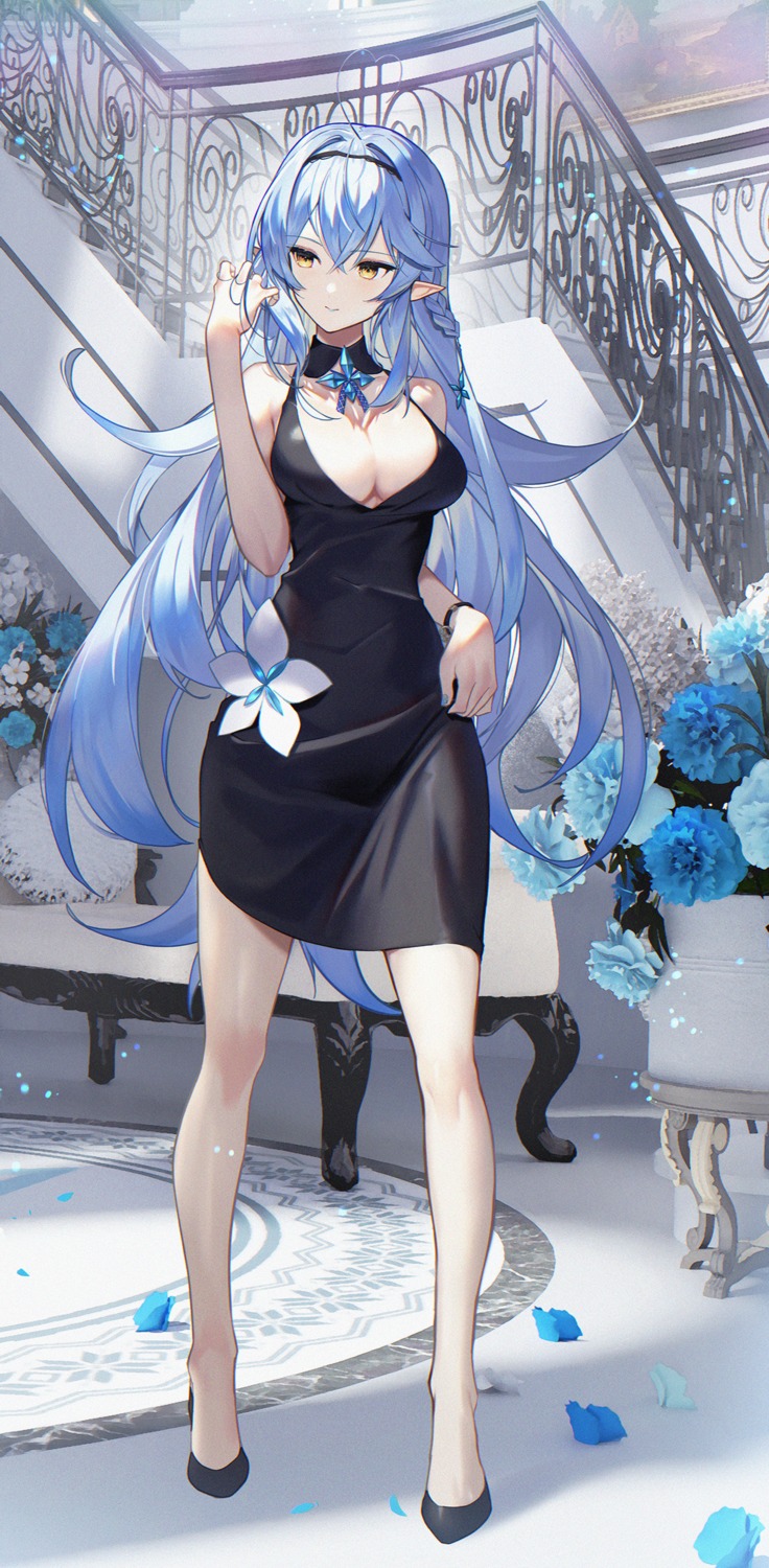 dress hololive no_bra pointy_ears scottie yukihana_lamy