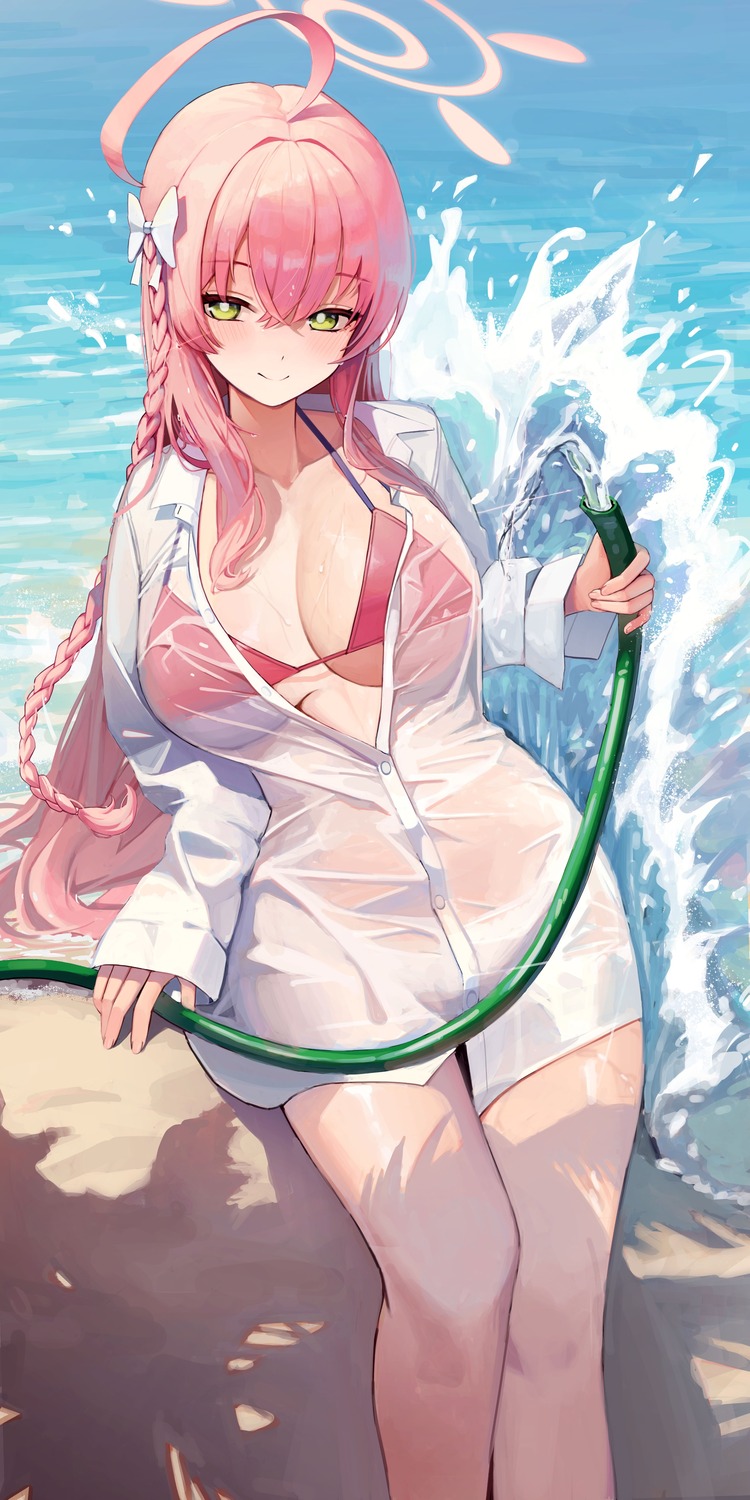 bikini_top blue_archive bottomless dress_shirt hallo_(rltkdydrltk) halo open_shirt see_through swimsuits urawa_hanako wet wet_clothes