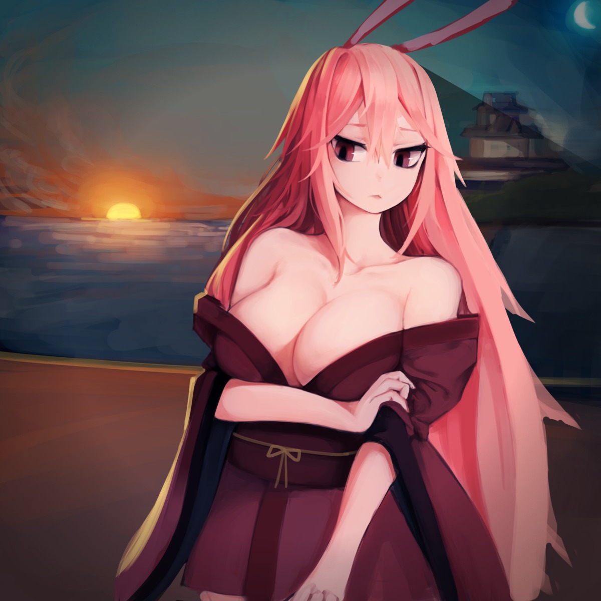 animal_ears bbolalus benghuai_xueyuan bunny_ears honkai_impact japanese_clothes no_bra open_shirt yae_sakura_(benghuai_xueyuan)