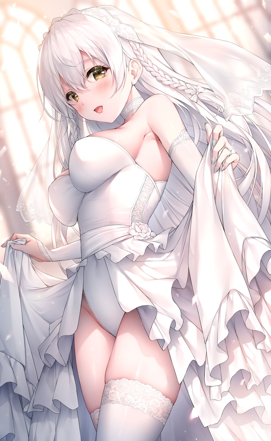 azur_lane dress hermione_(azur_lane) leotard no_bra oyuwari skirt_lift thighhighs wedding_dress