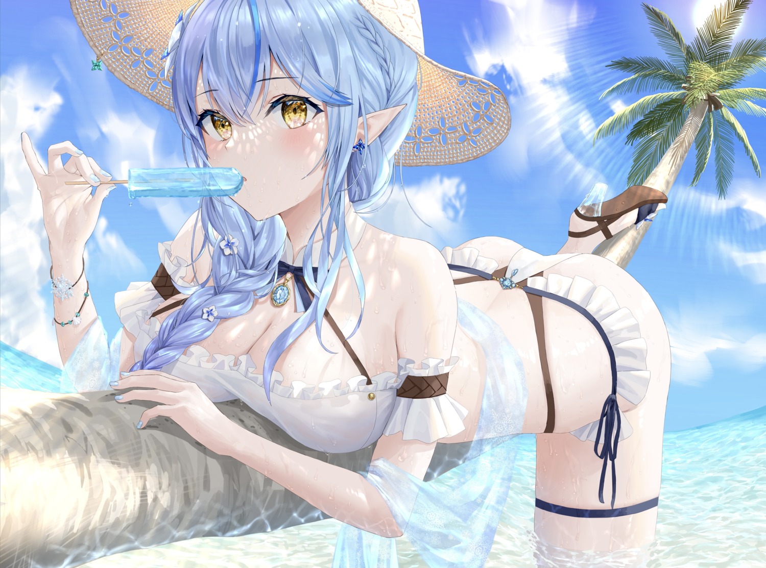 ass bikini elf erect_nipples garter heels hololive narukami_arei pointy_ears see_through swimsuits wet wet_clothes yukihana_lamy