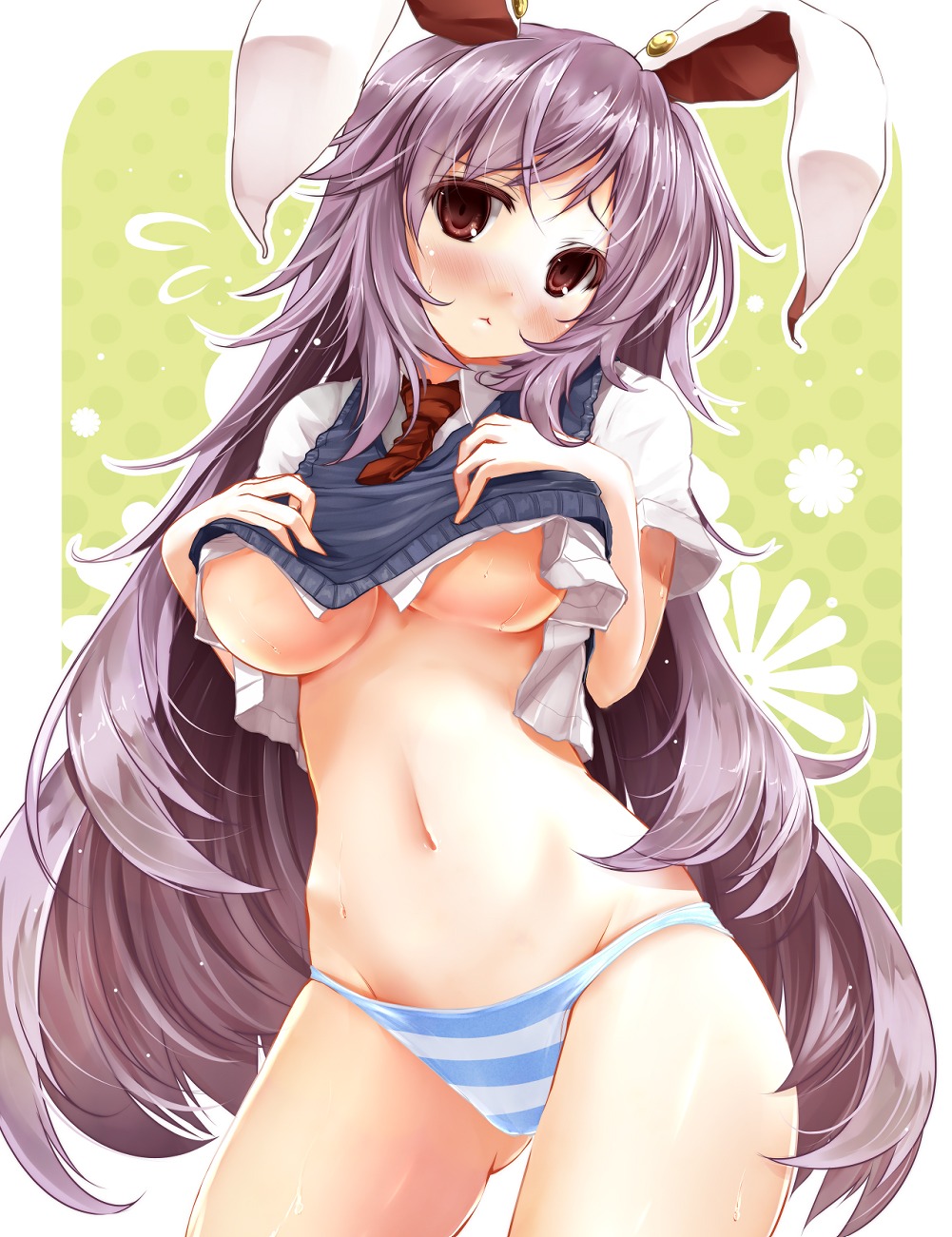 animal_ears bunny_ears pantsu reisen_udongein_inaba scarlet_(studioscr) shimapan shirt_lift touhou underboob