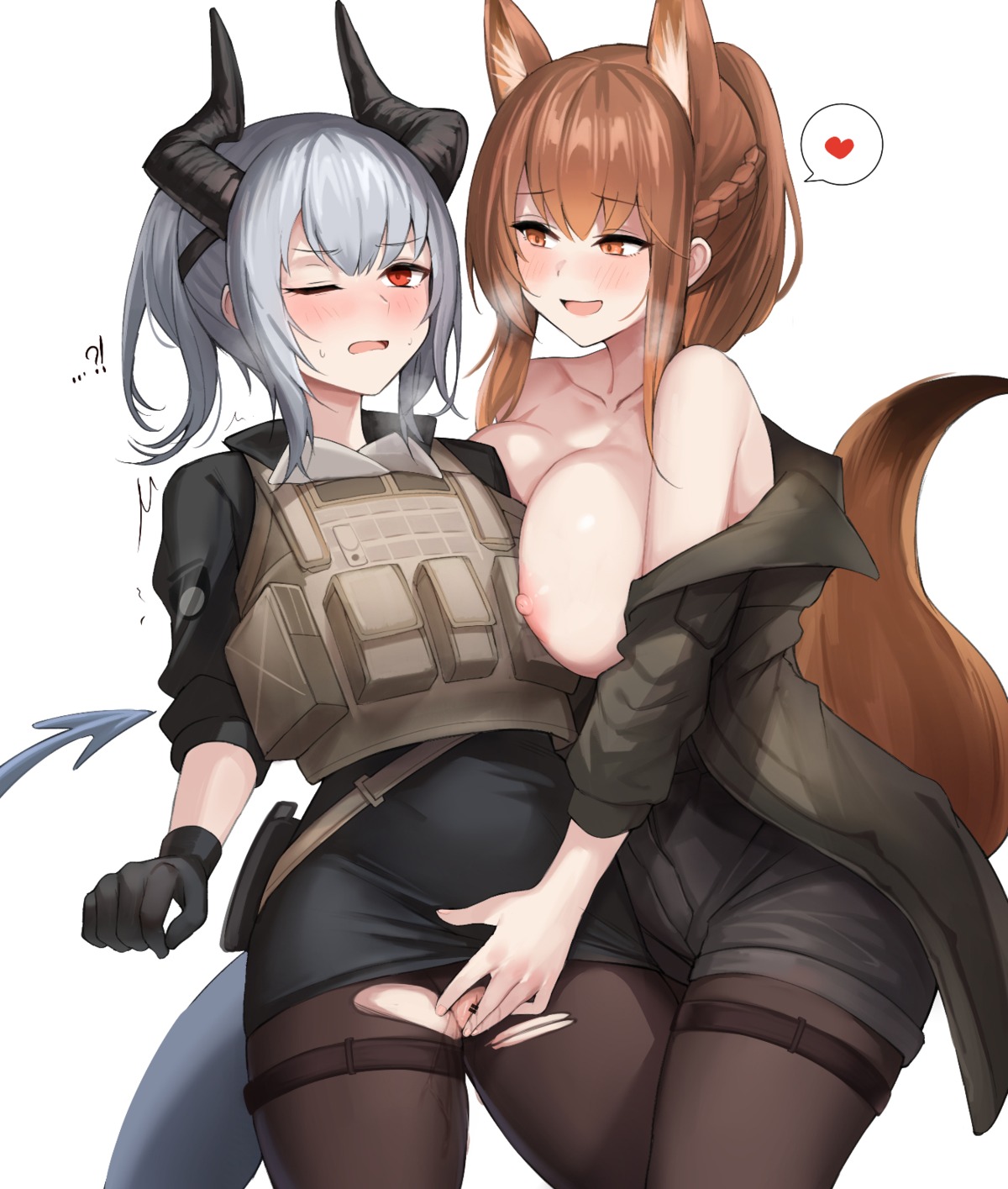 animal_ears arknights beruko14 breasts censored fingering franka_(arknights) garter horns liskarm_(arknights) nipples no_bra nopan open_shirt pantyhose pussy pussy_juice skirt_lift tail torn_clothes uniform yuri