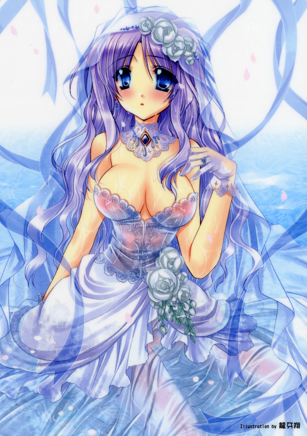 cleavage dress nipples ryuuga_shou see_through wedding_dress wet_clothes