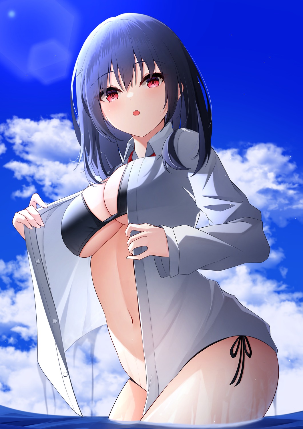 bikini ekidona open_shirt see_through seifuku swimsuits undressing wet