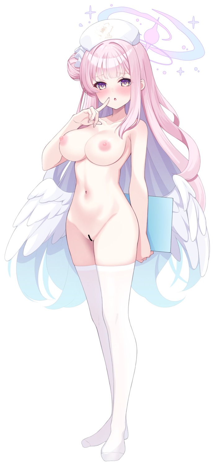 angel blue_archive censored fukemachi misono_mika naked nipples thighhighs wings
