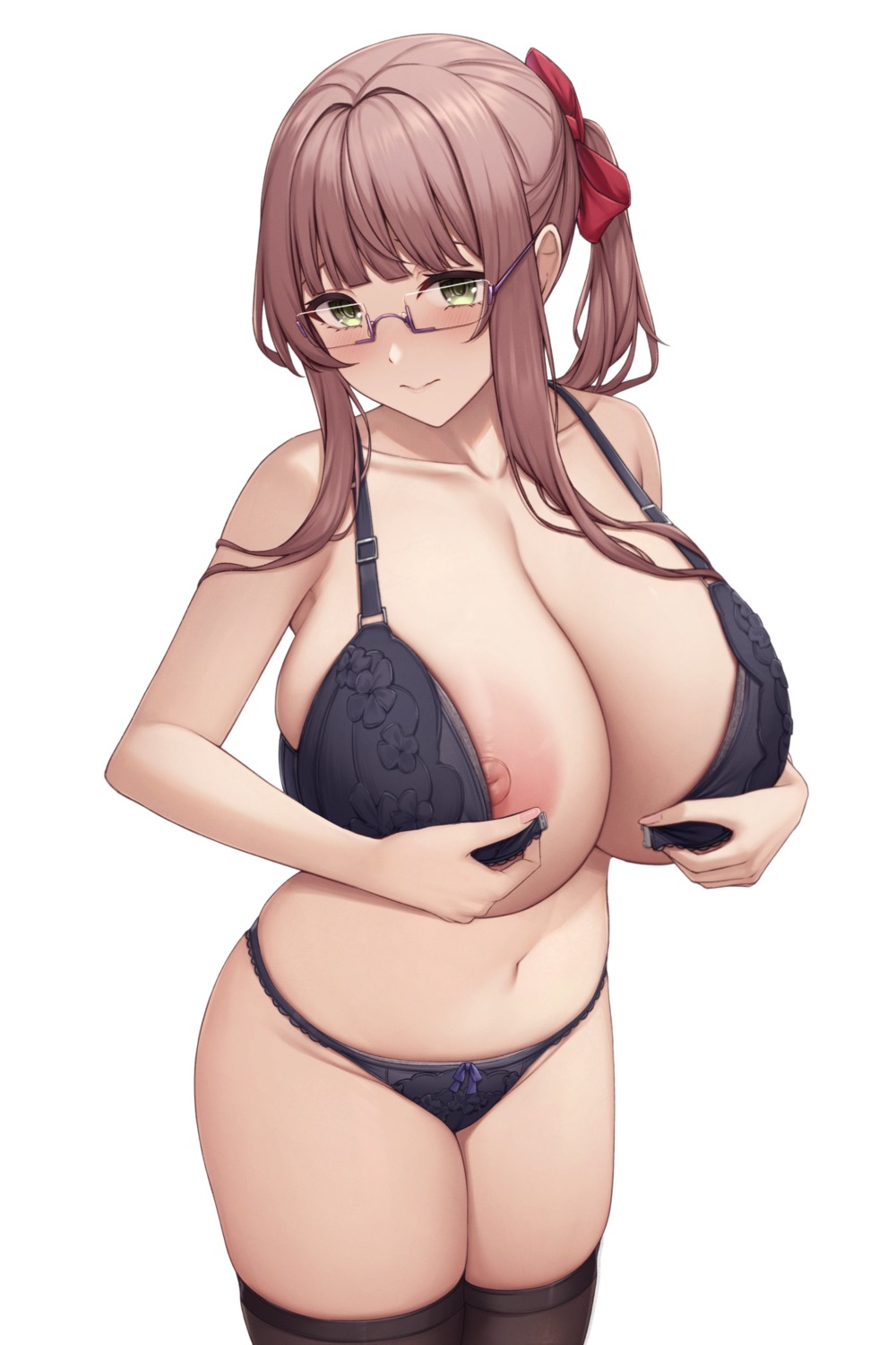 bra fou_zi megane nipple_slip pantsu thighhighs undressing