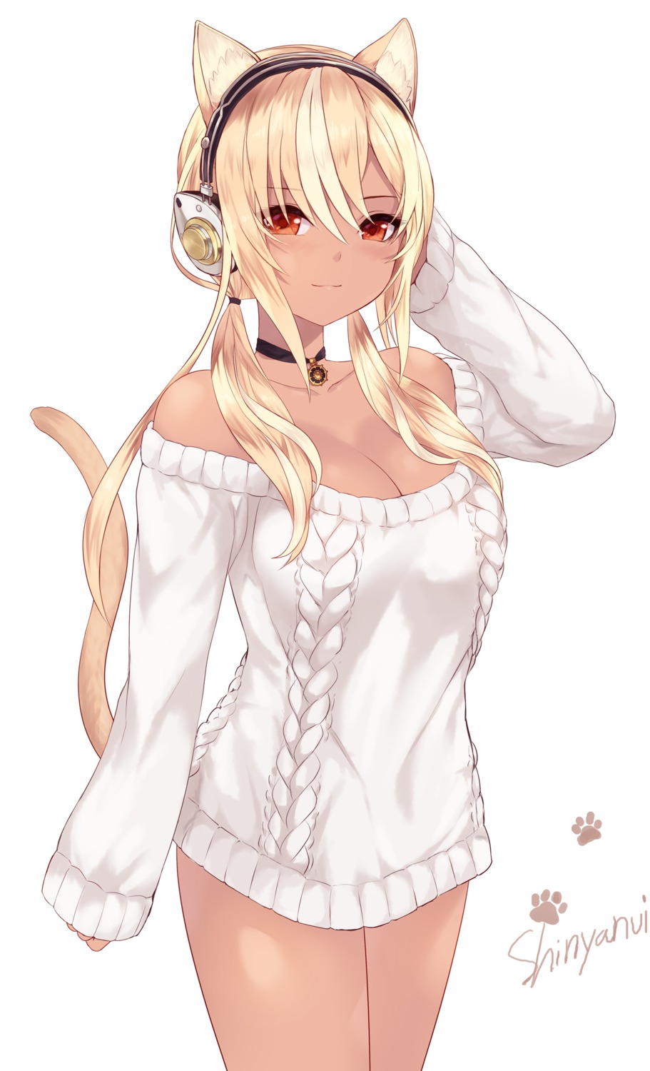 animal_ears cait cleavage headphones hololive nekomimi shiranui_flare sweater tail