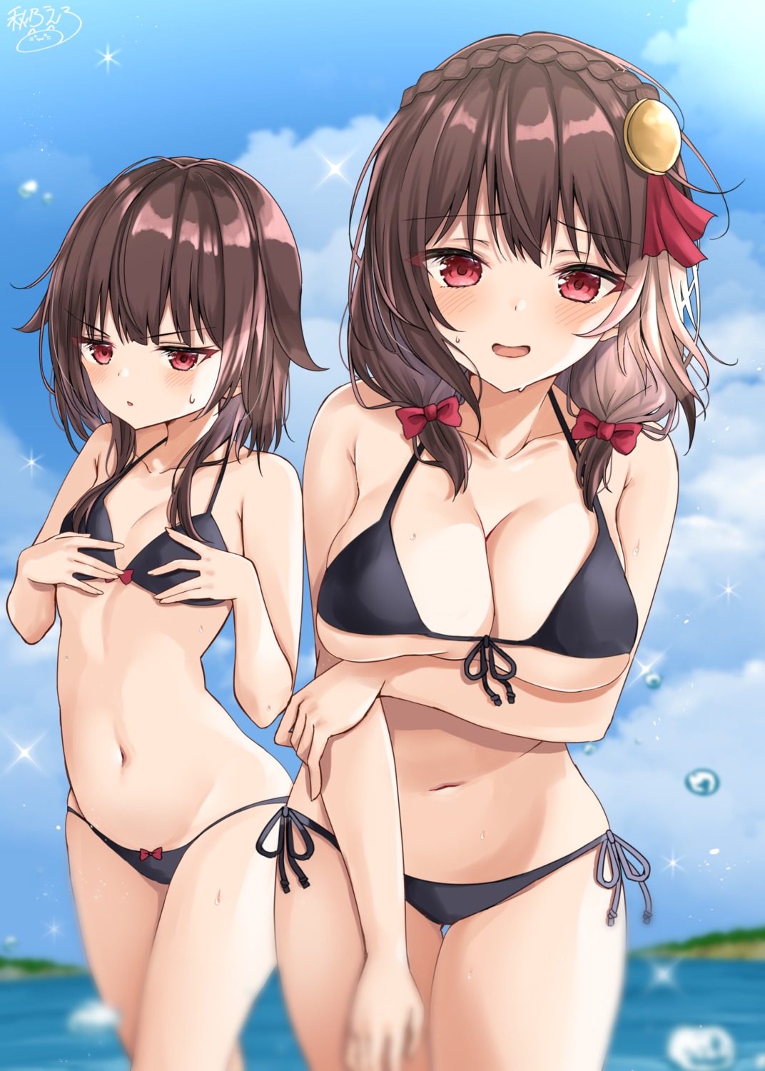 akino_ell bikini breast_hold kono_subarashii_sekai_ni_shukufuku_wo! megumin swimsuits yunyun_(kono_subarashii_sekai_ni_shukufuku_wo!)