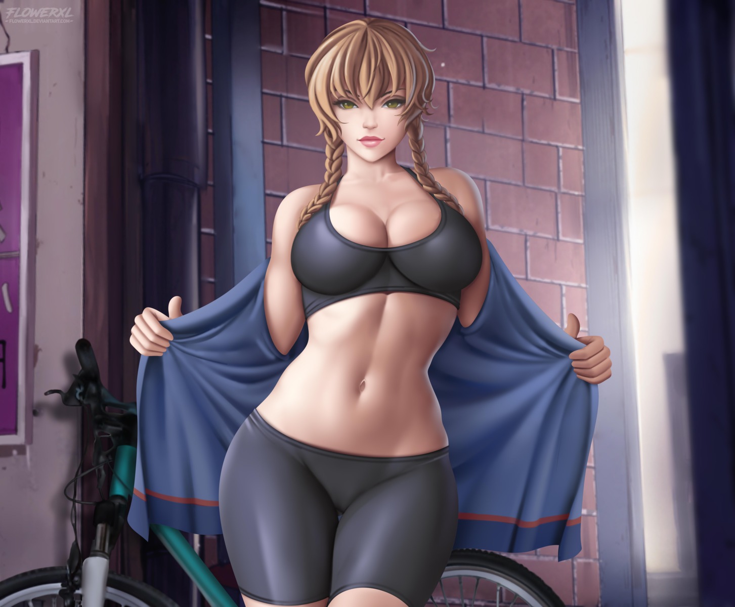 amane_suzuha bike_shorts cleavage flowerxl steins;gate undressing