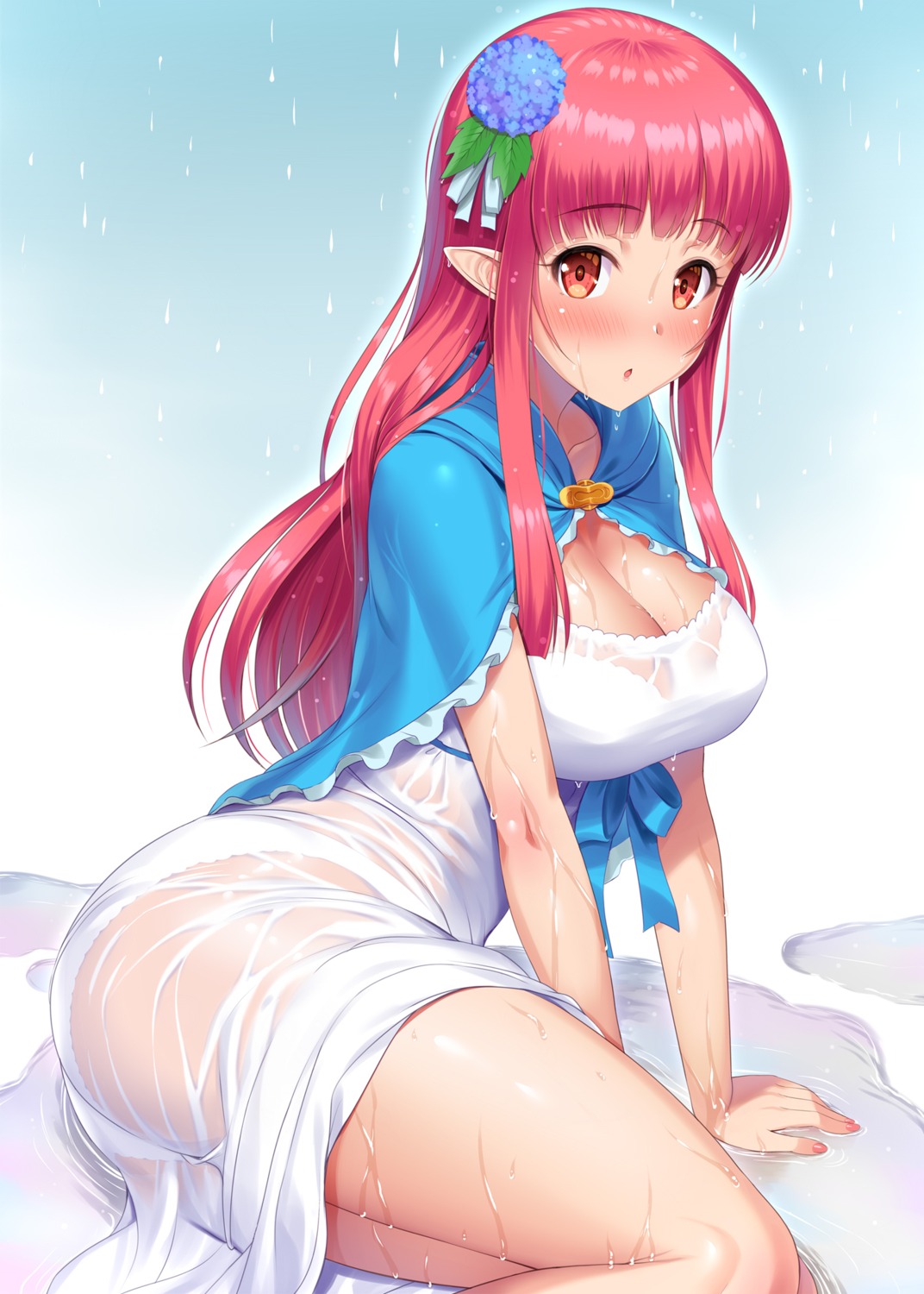 artist_revision cleavage dress kawase_seiki pointy_ears rain_(sword_art_online) see_through sword_art_online wet wet_clothes