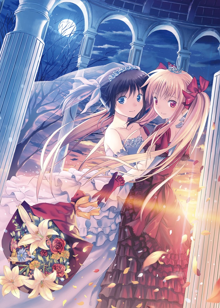 dress fate_testarossa kichiroku mahou_shoujo_lyrical_nanoha mahou_shoujo_lyrical_nanoha_a's takamachi_nanoha wedding_dress yuri