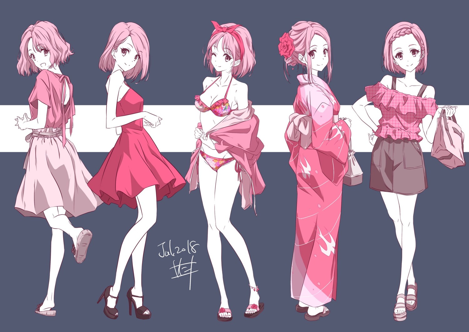 bikini cleavage dress expression heels nii_manabu open_shirt swimsuits yukata