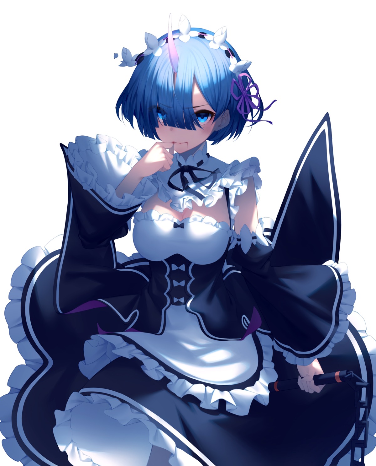 blood cleavage horns maid momingie re_zero_kara_hajimeru_isekai_seikatsu rem_(re_zero) skirt_lift