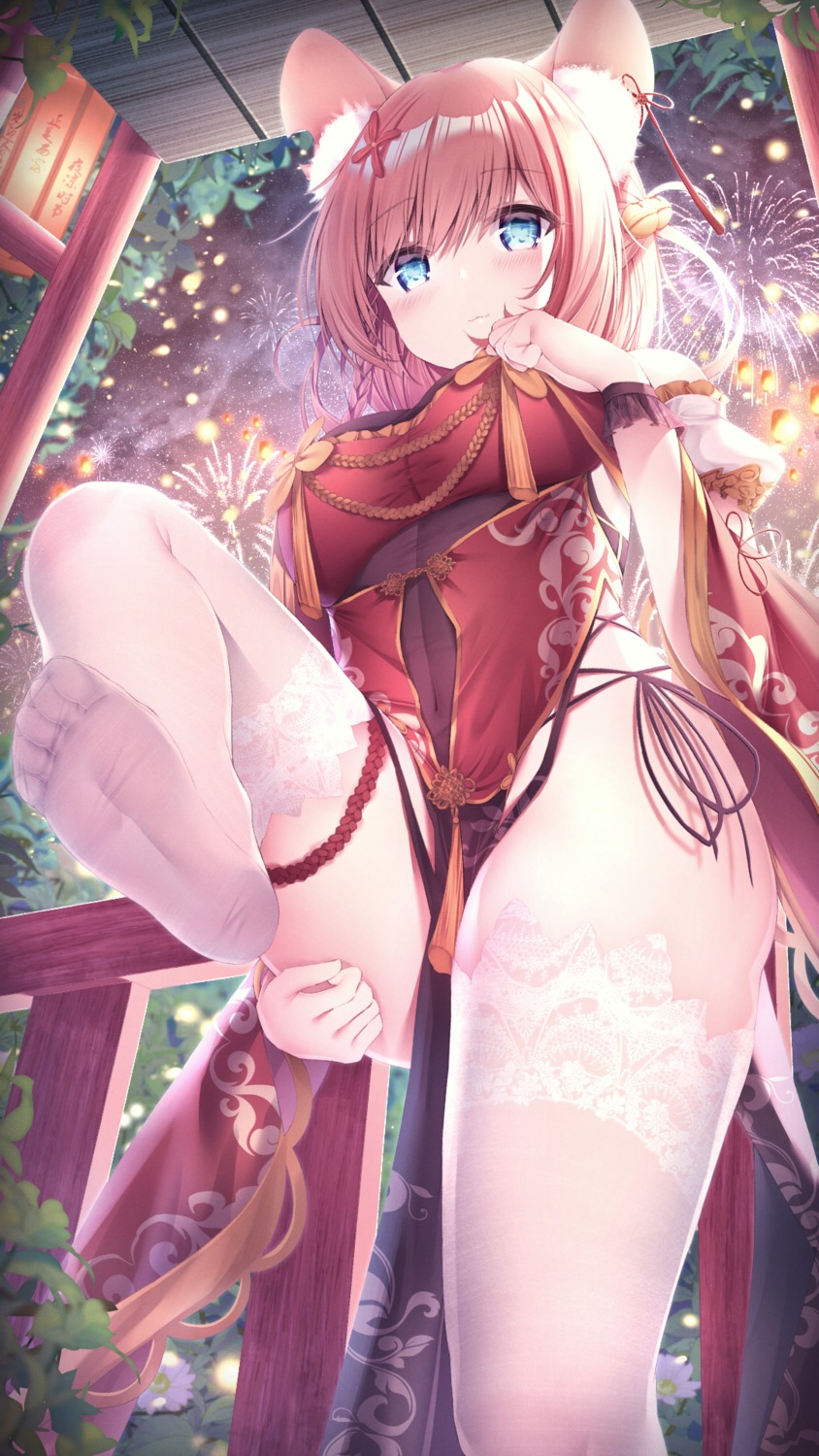 animal_ears chinadress feet garter manman_manyou_haiyang_de_paomo pantsu see_through skirt_lift string_panties thighhighs