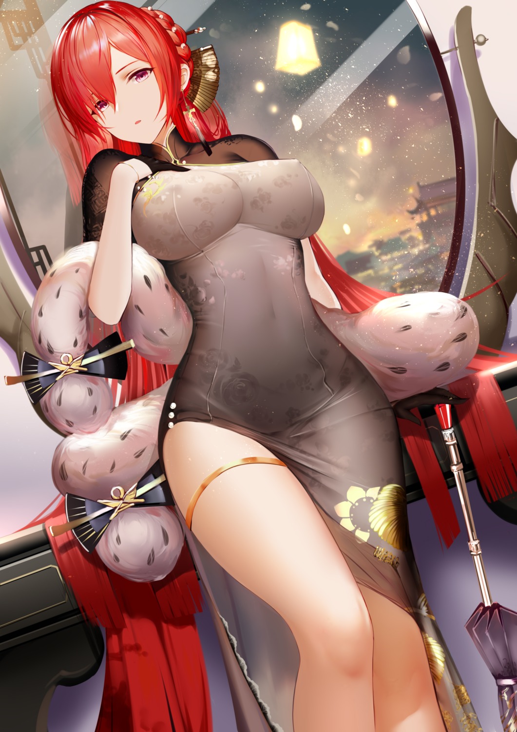 an_yasuri artist_revision azur_lane breast_hold chinadress erect_nipples garter monarch_(azur_lane) umbrella