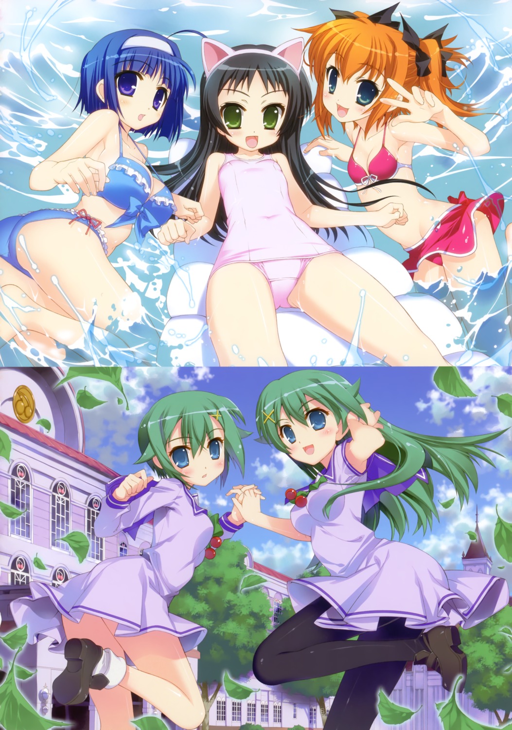 bikini fujima_takuya haduki_kurumi kaitou_tenshi_twin_angel kannazuki_aoi minnazuki_haruka pantyhose school_swimsuit seifuku swimsuits violet_nine violet_tesla