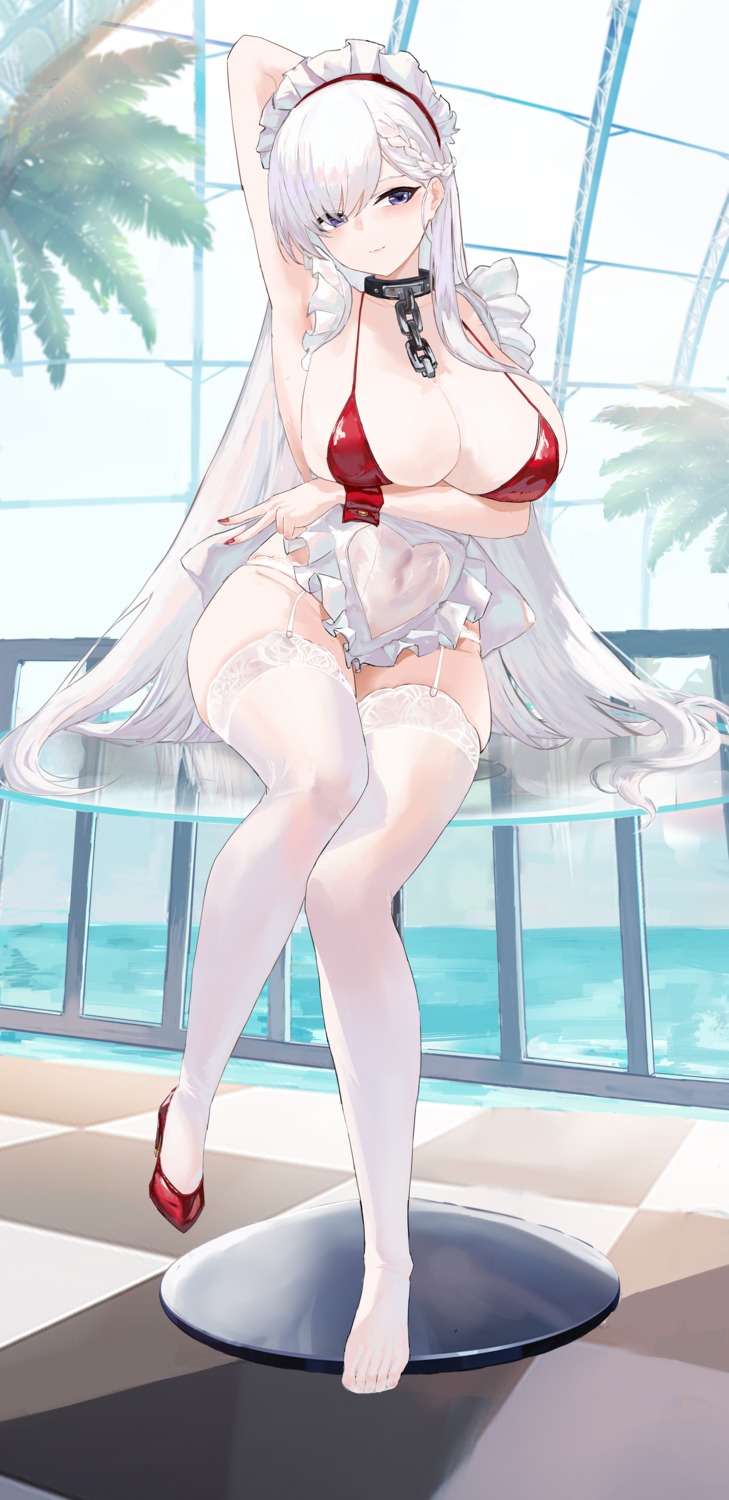 azur_lane belfast_(azur_lane) bikini heels maid see_through stockings suo_bu_ye_feng swimsuits thighhighs