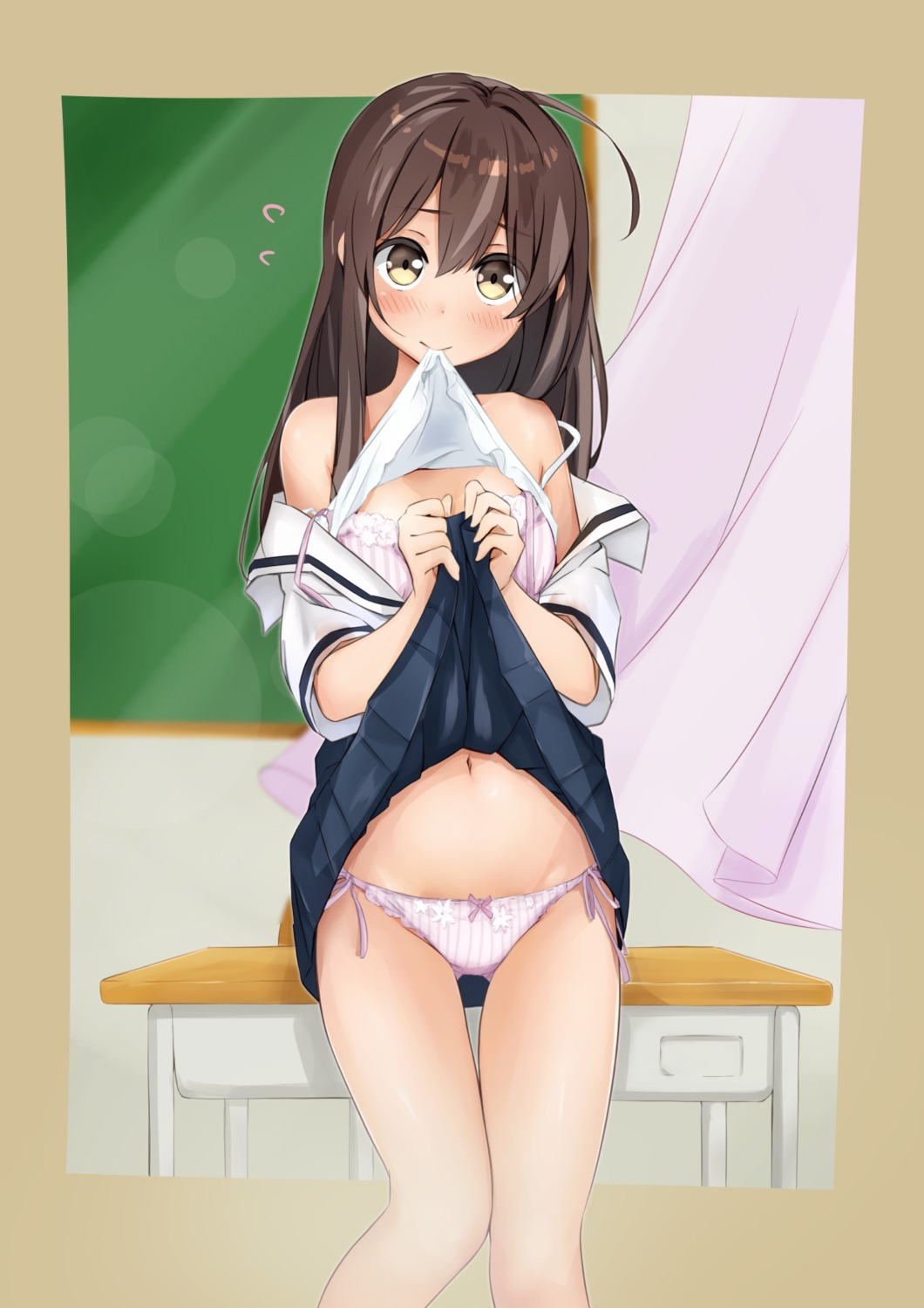 bra lingerie miyuki_(yxbt7) open_shirt pantsu seifuku shimapan shirt_lift skirt_lift string_panties