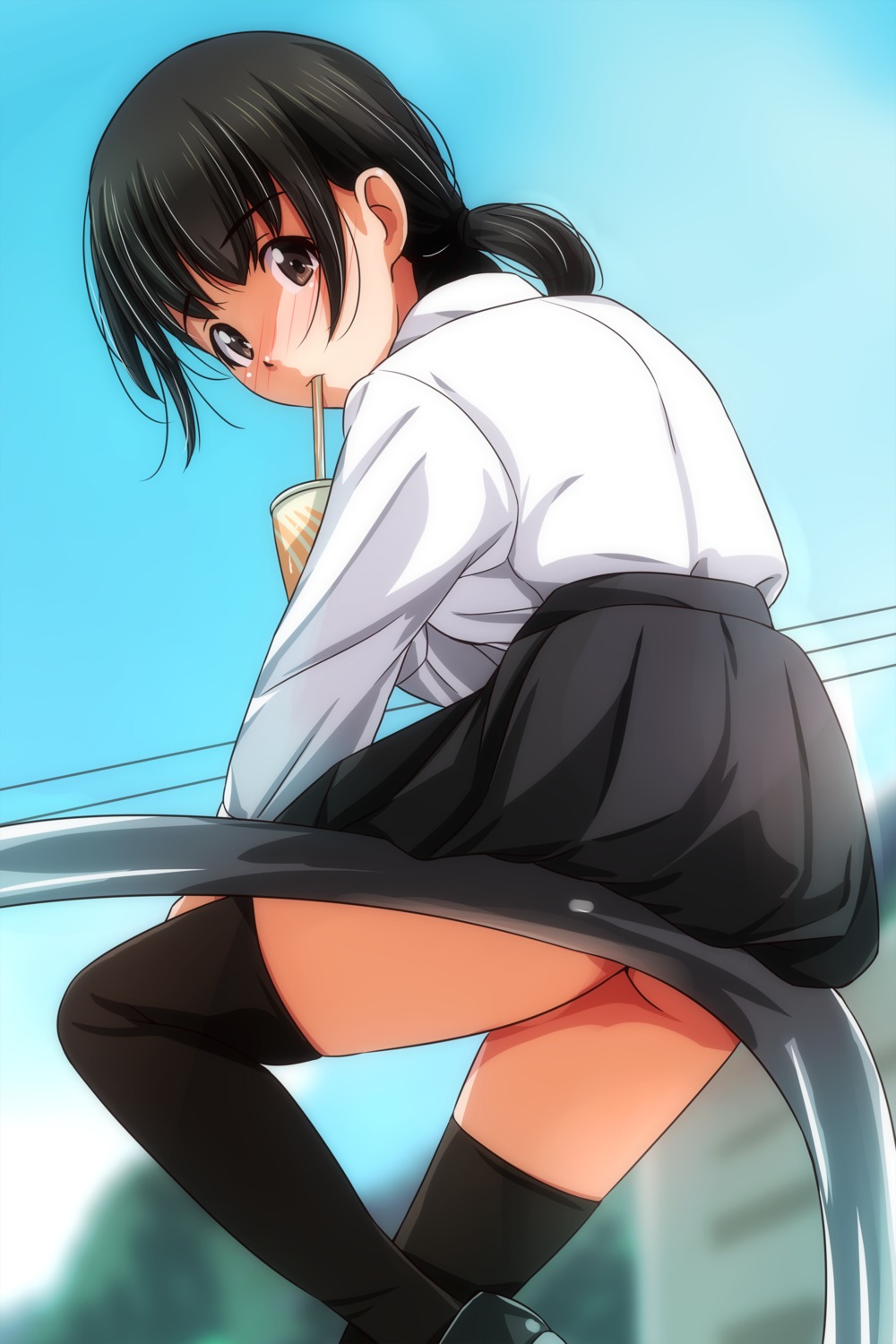 ass matsunaga_kouyou seifuku skirt_lift thighhighs