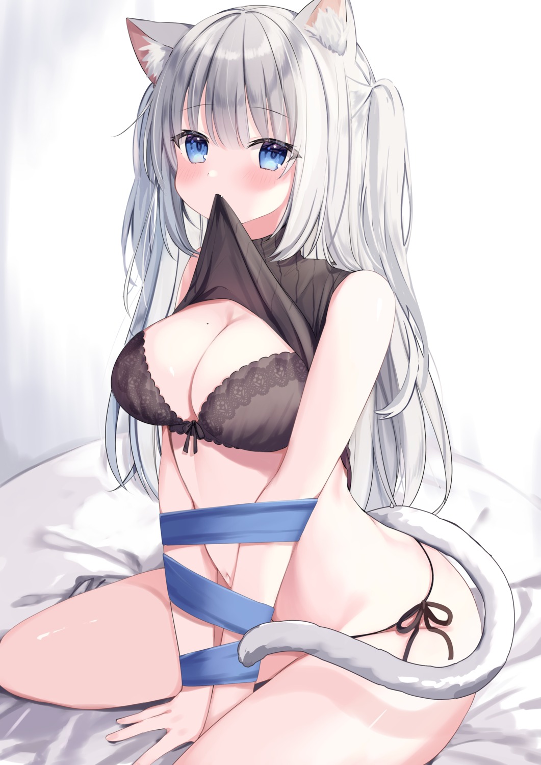 animal_ears bondage bra nekomimi okiq pantsu shirt_lift string_panties sweater tail