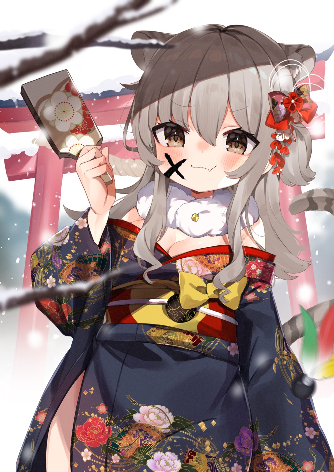 animal_ears cleavage kimono no_bra noi_mine open_shirt tail