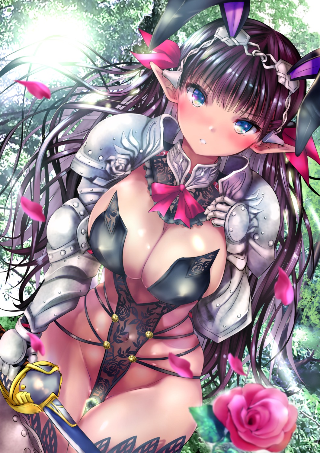 armor cleavage elf ogata_tei pointy_ears sword