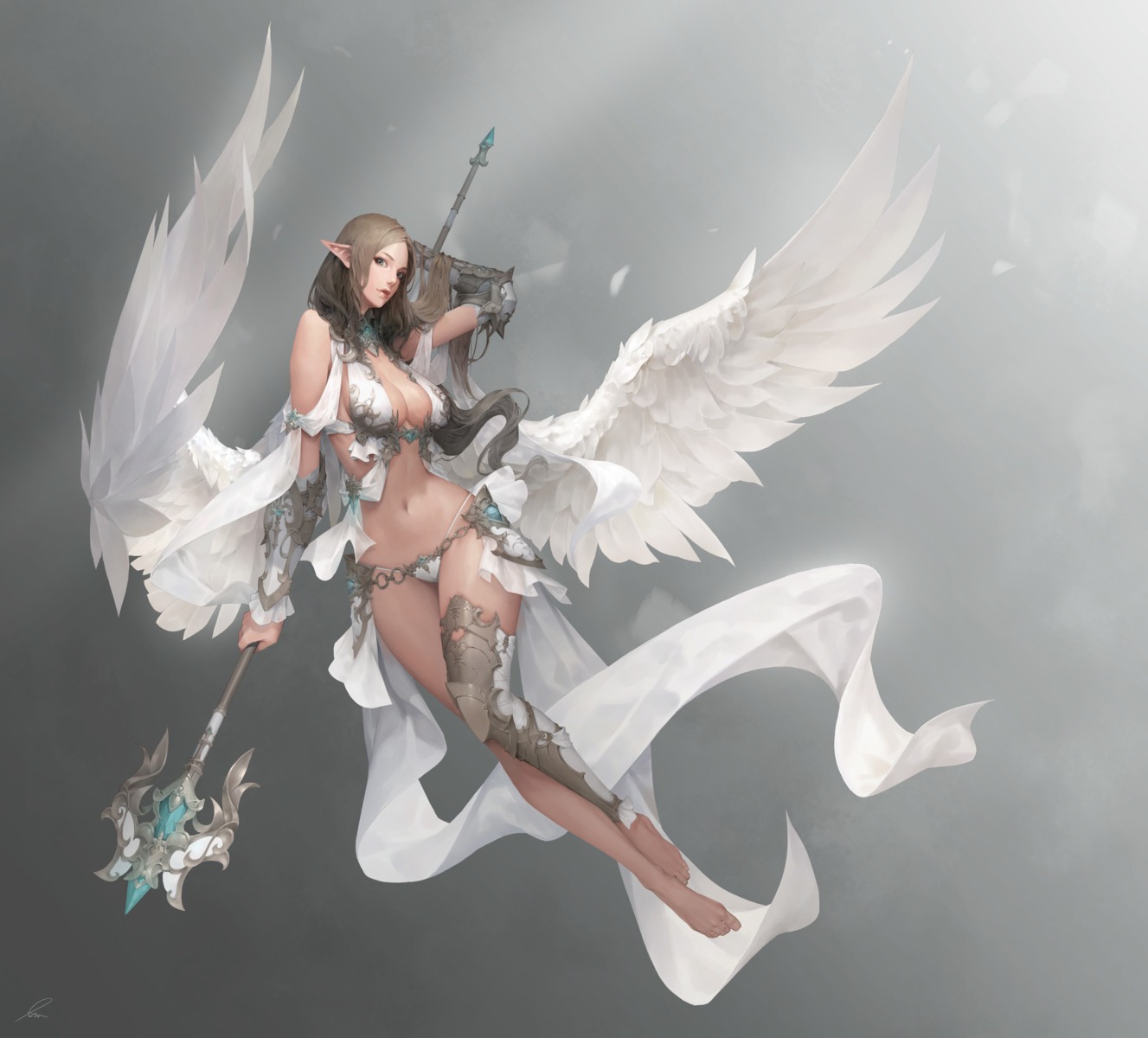 armor bikini_armor cleavage hex_(tanhexun) pointy_ears thighhighs weapon wings