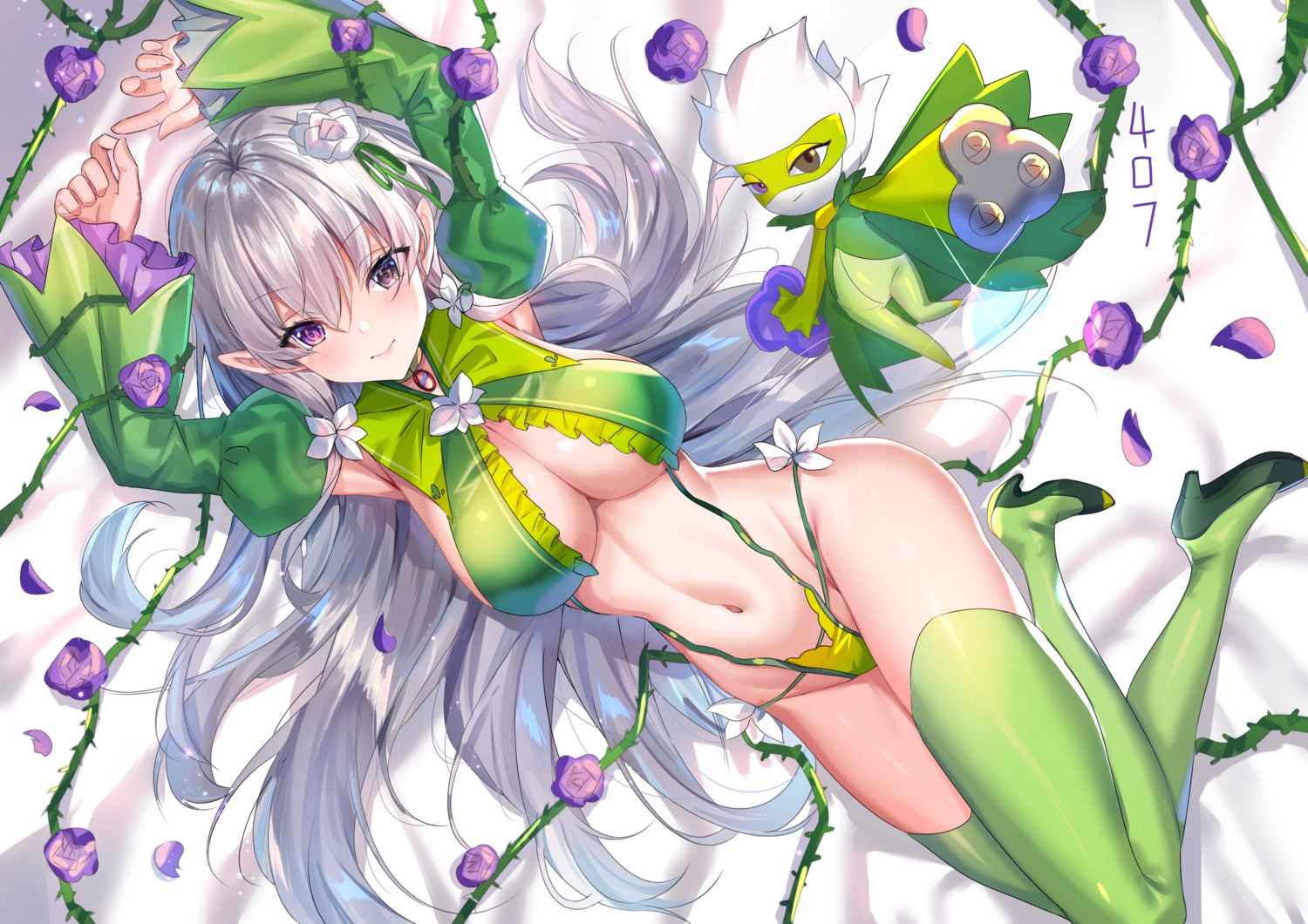 cleavage heels no_bra pantsu pointy_ears shanguier stockings thighhighs