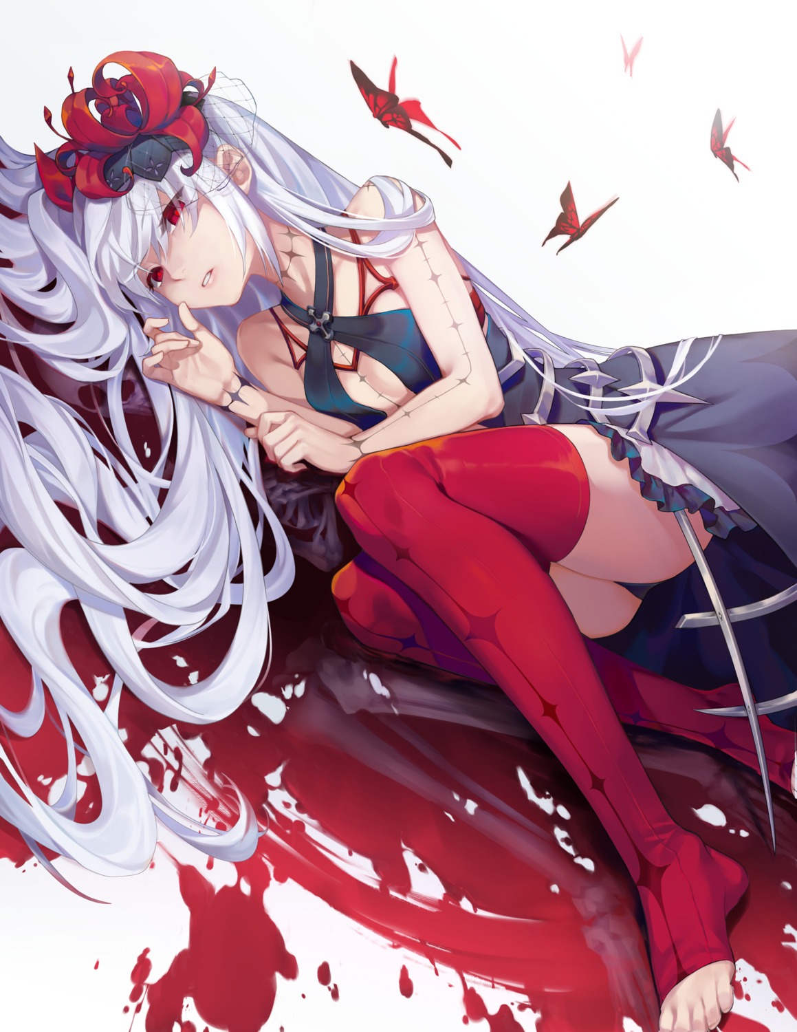 blood cleavage dress jane_(king's_raid) king's_raid no_bra pantsu skirt_lift tarantulaines tattoo thighhighs