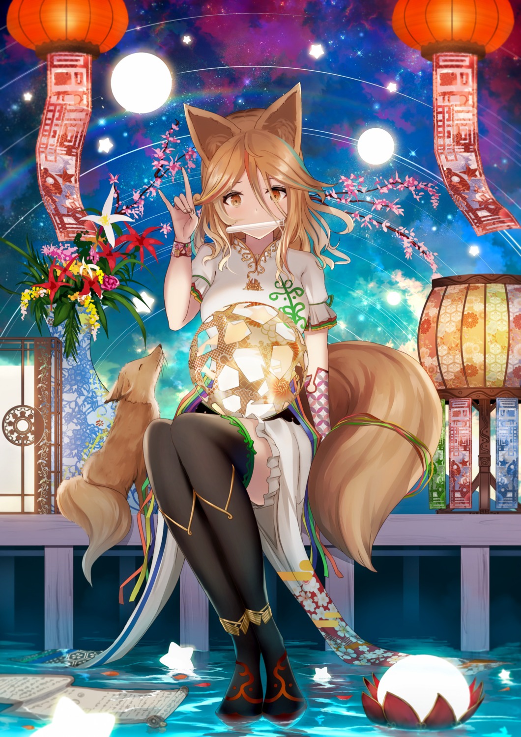 animal_ears asian_clothes kitsune skirt_lift tail thighhighs wet