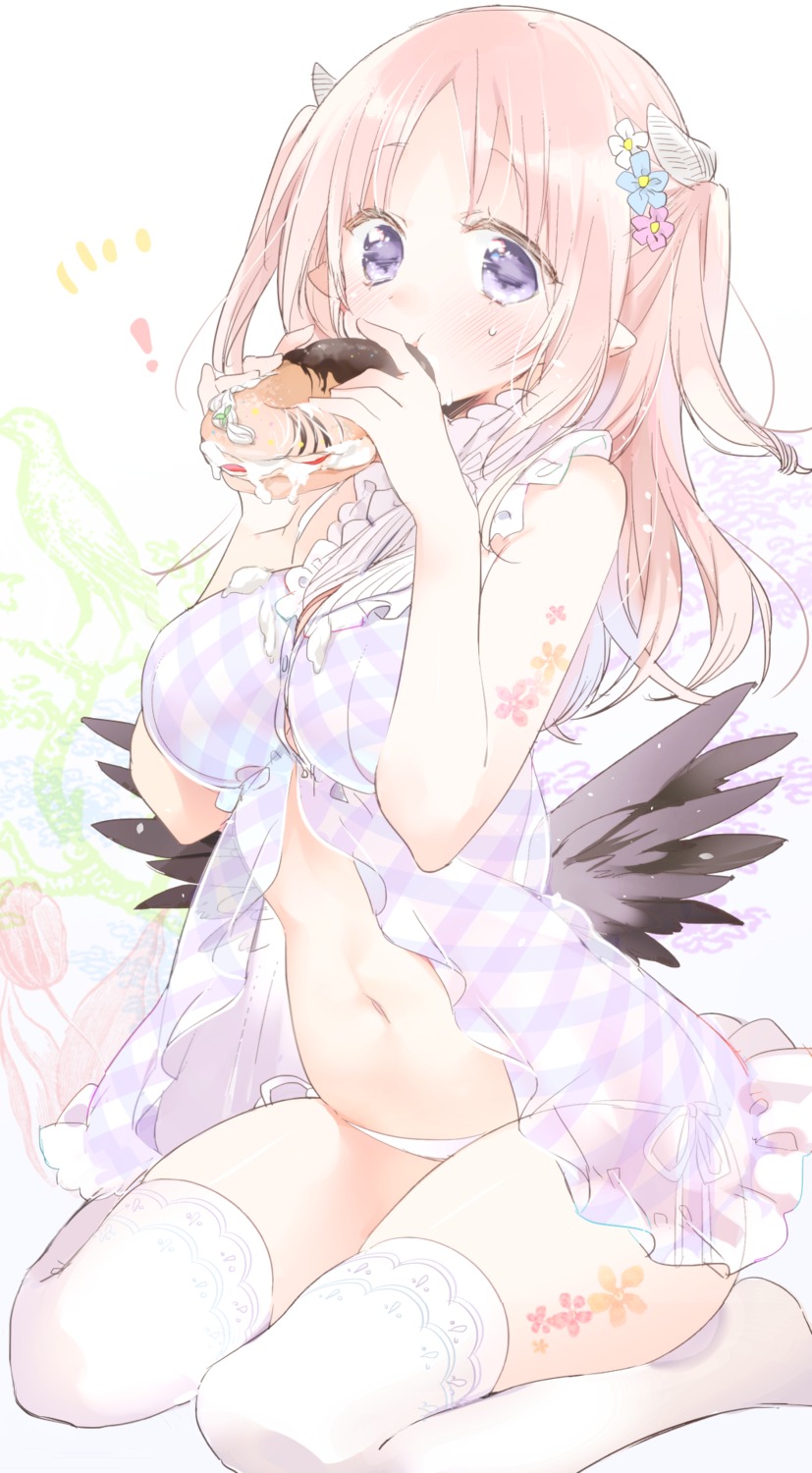 horns lingerie pantsu pointy_ears see_through sino_(sionori) string_panties tattoo thighhighs wings