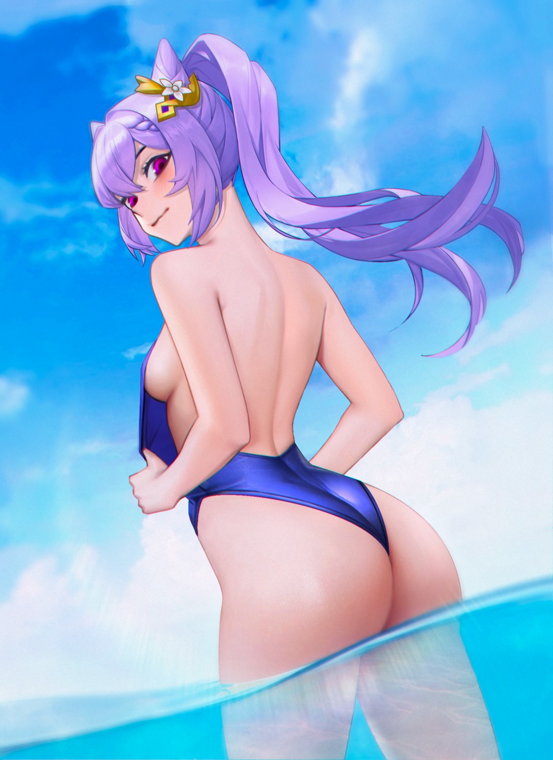 ass genshin_impact keqing swimsuits wet yan_jin_qiu_daoyu