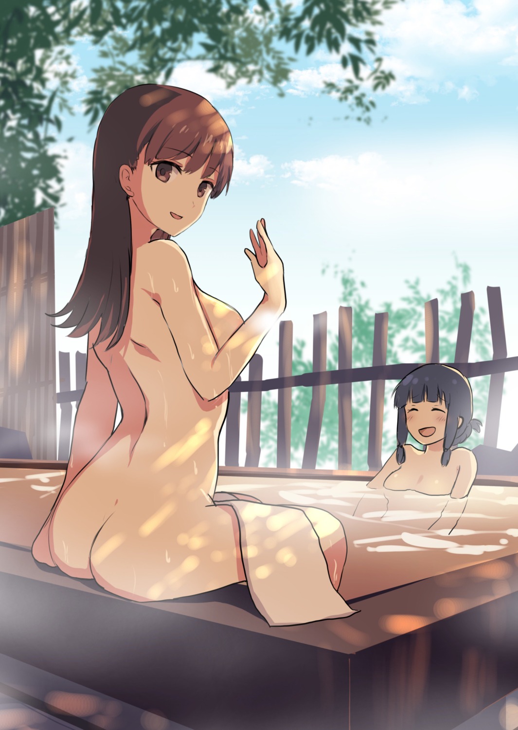 ass bathing kantai_collection kitakami_(kancolle) naked ooi_(kancolle) senbei towel wet