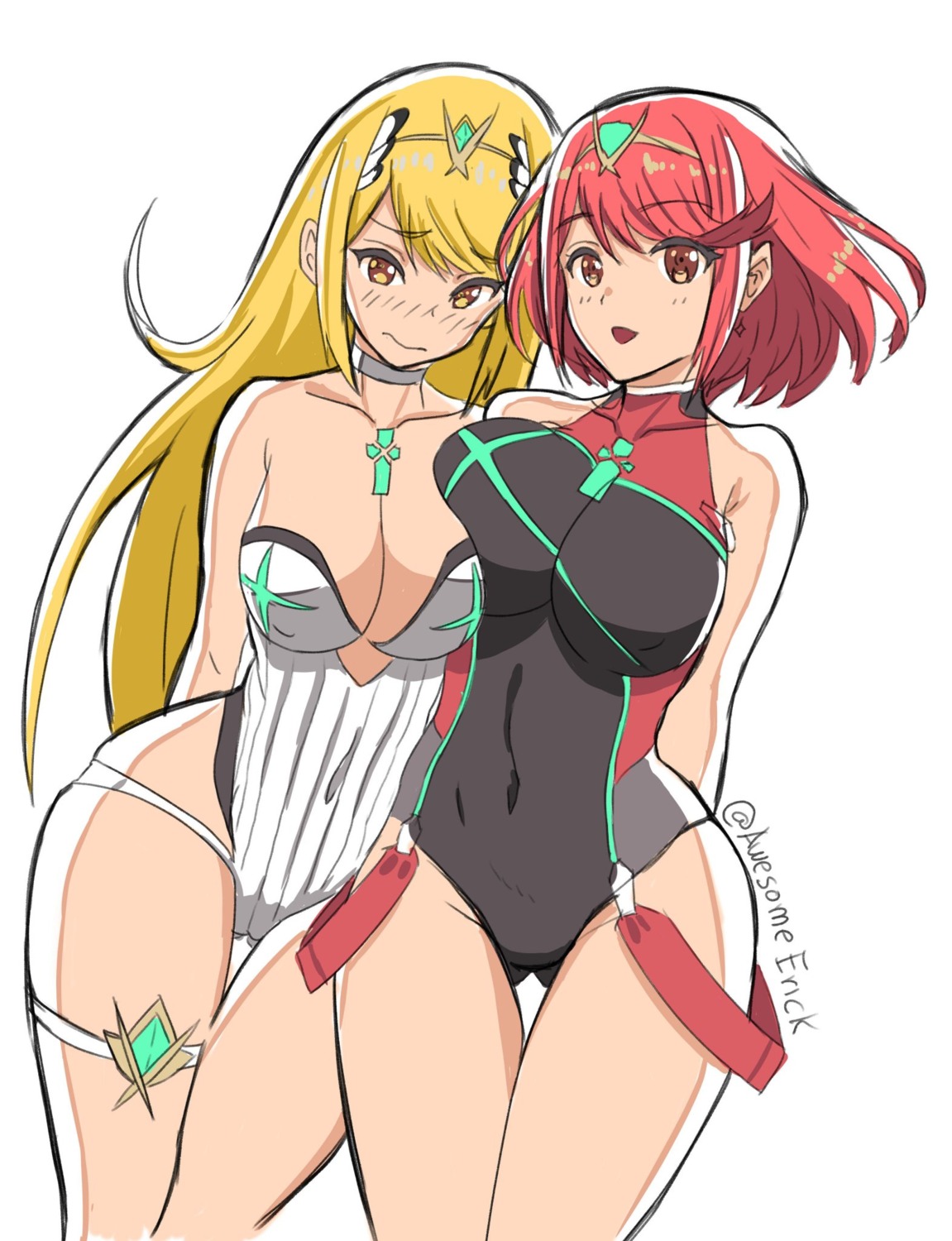 awesomeerix cleavage garter hikari_(xenoblade_2) homura_(xenoblade_2) sketch swimsuits xenoblade xenoblade_chronicles_2