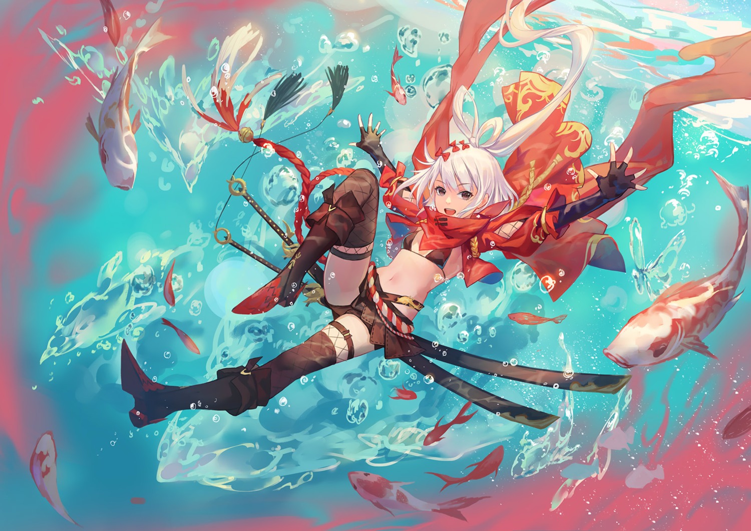 atdan bikini_top fishnets heels swimsuits sword thighhighs