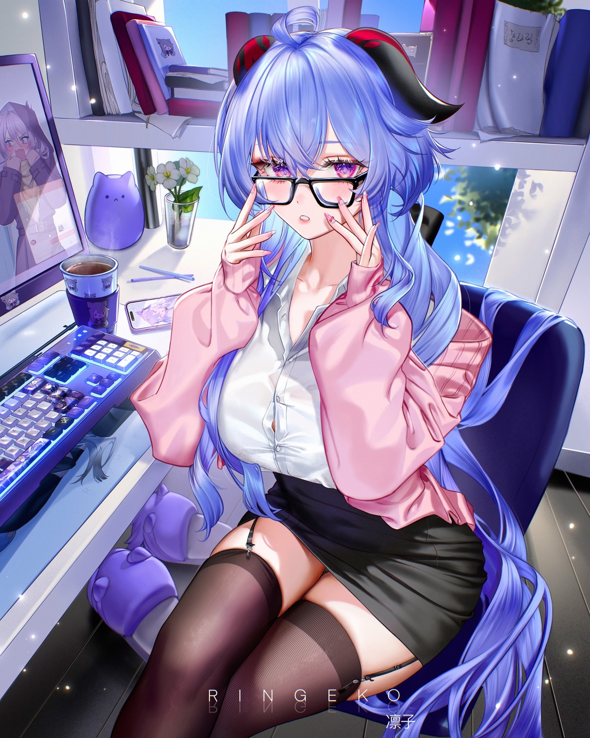 dress_shirt ganyu genshin_impact horns megane ringeko-chan see_through stockings sweater thighhighs