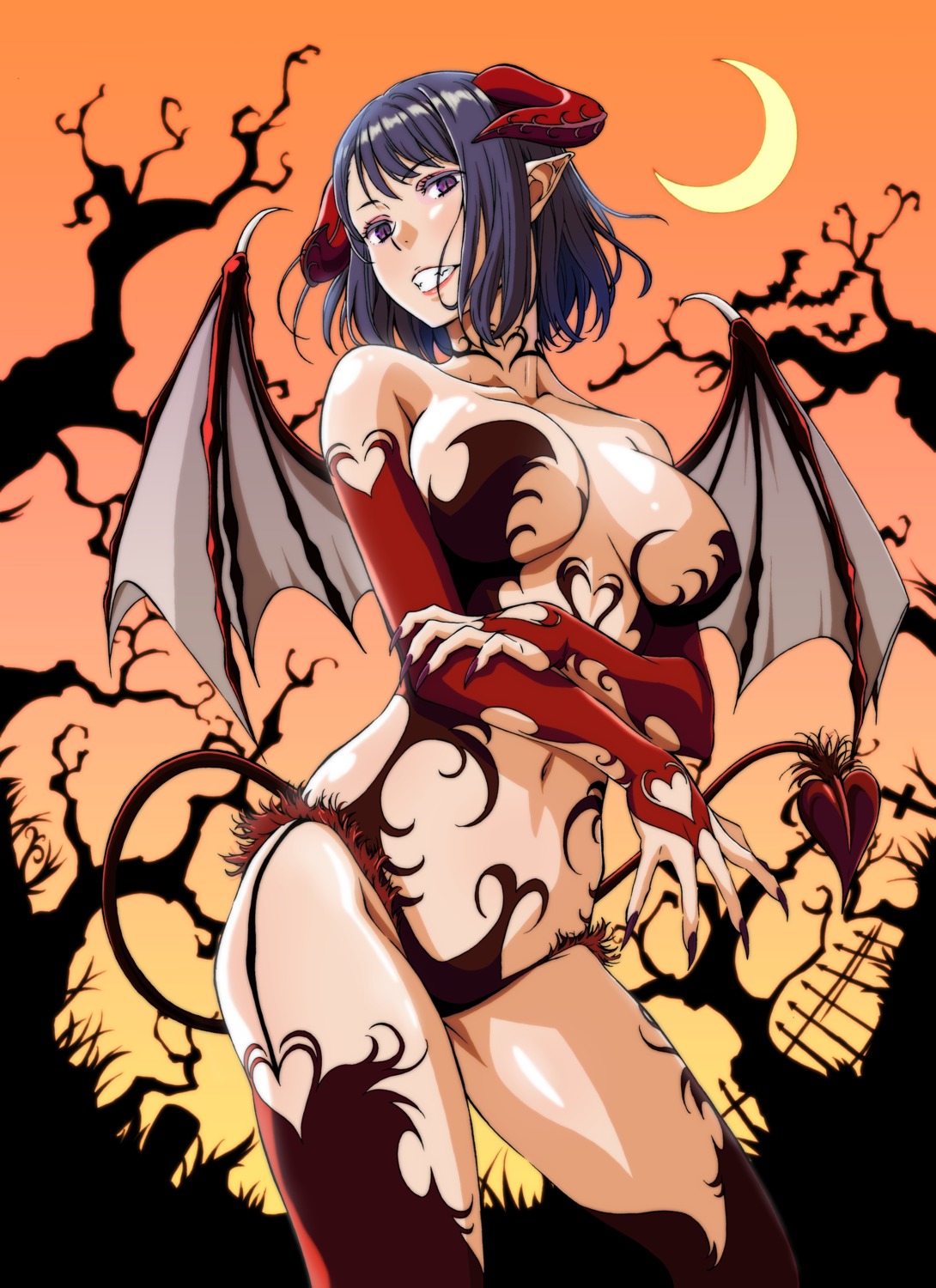 halloween horns kakitama no_bra pantsu pointy_ears tail thighhighs wings