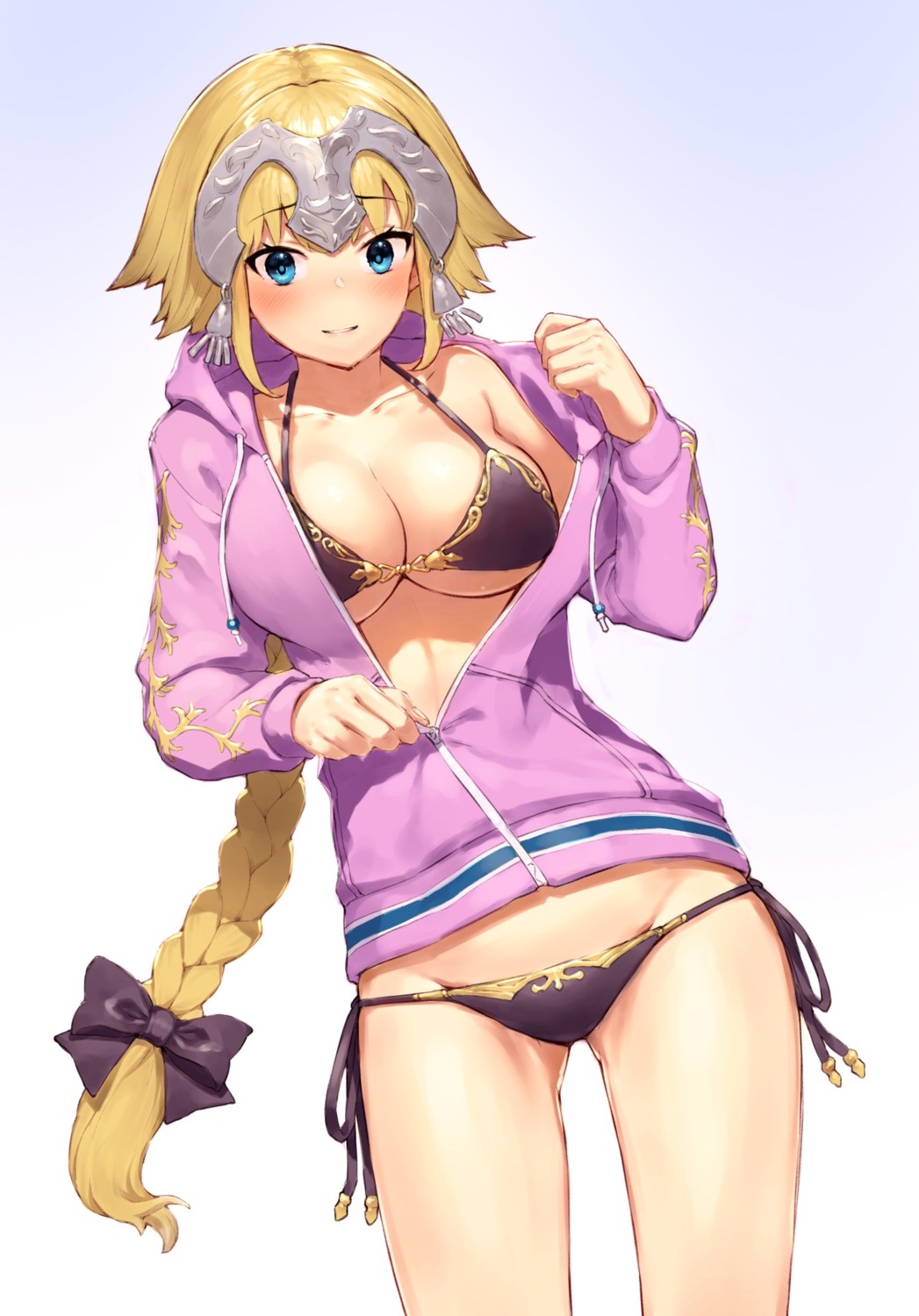 bikini cleavage fate/apocrypha fate/grand_order fate/stay_night jeanne_d'arc jeanne_d'arc_(fate) open_shirt pyz swimsuits underboob undressing