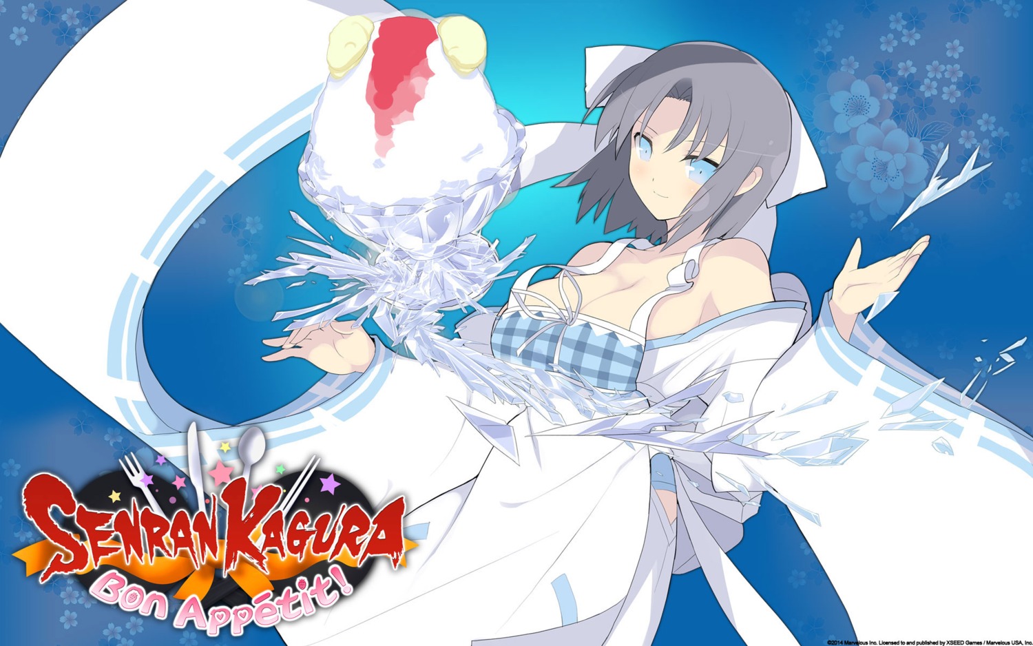 cleavage japanese_clothes marvelous_entertainment no_bra senran_kagura senran_kagura:_bon_appetit wallpaper yaegashi_nan yumi_(senran_kagura)