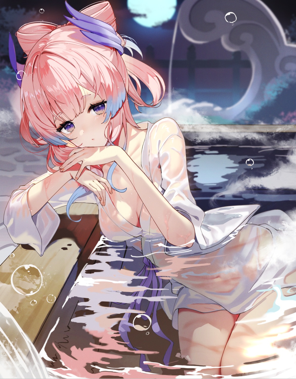 bathing genshin_impact no_bra onsen open_shirt sangonomiya_kokomi scottie see_through wet wet_clothes yukata