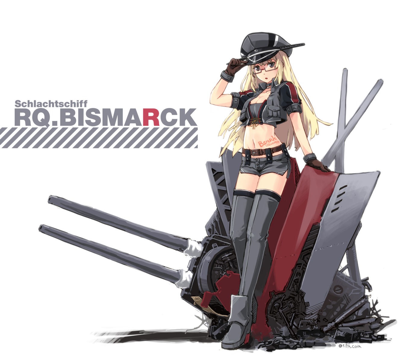 bismarck_(kancolle) cleavage heels kantai_collection matsumae_takumi megane tattoo thighhighs