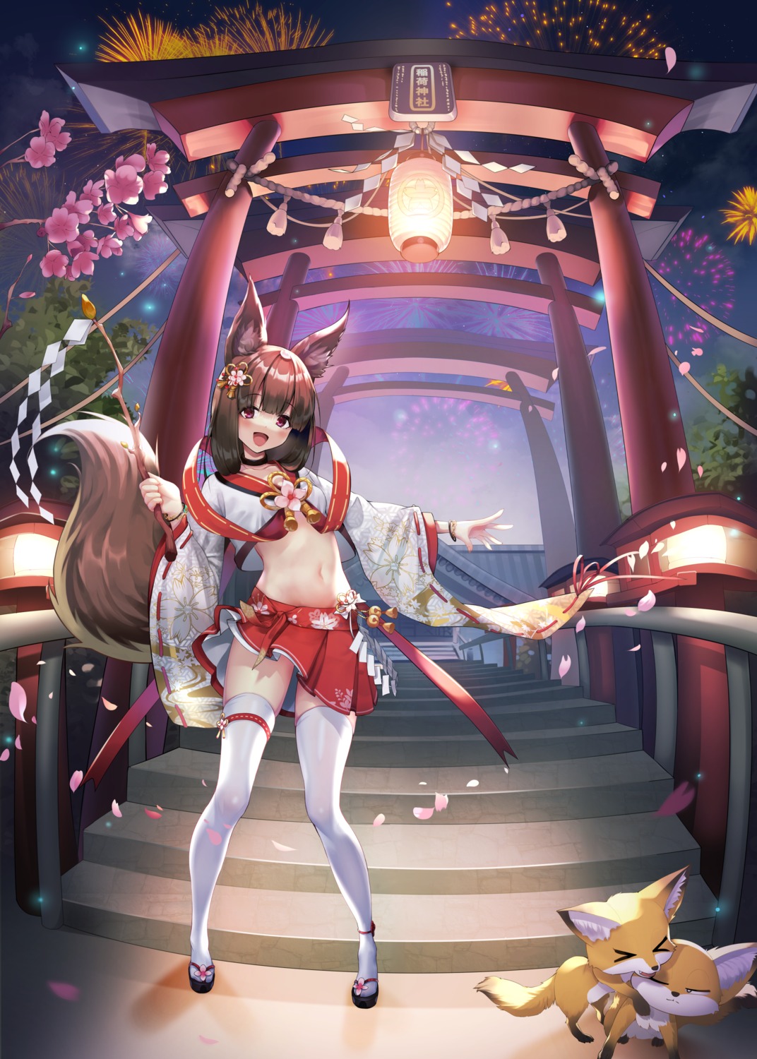 animal_ears japanese_clothes kitsune nemoni skirt_lift tail thighhighs