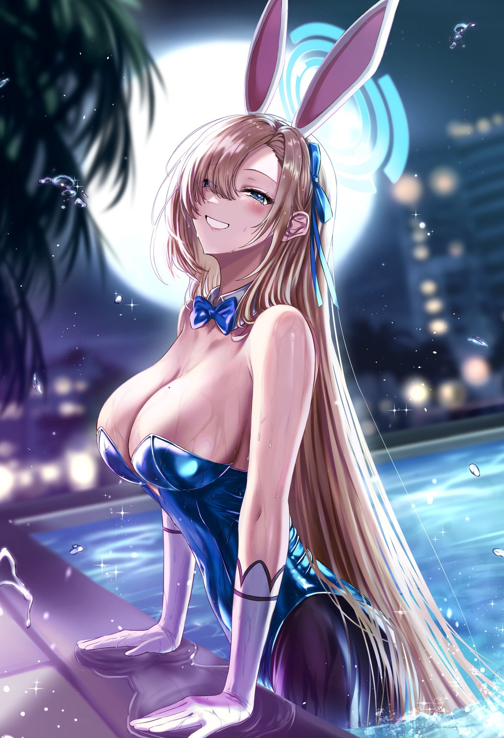 animal_ears aria_honmono blue_archive bunny_ears bunny_girl halo ichinose_asuna no_bra pantyhose wet