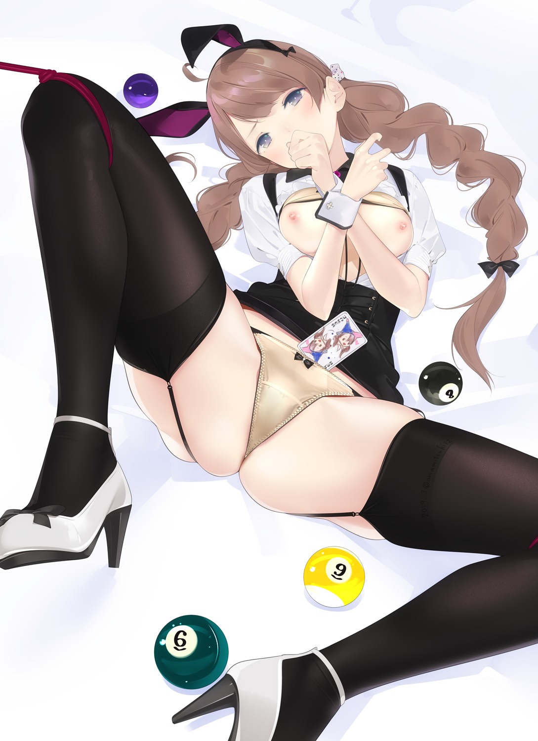 ama_mitsuki animal_ears bra breast_hold breasts bunny_ears heels nipples open_shirt pantsu skirt_lift stockings thighhighs thong