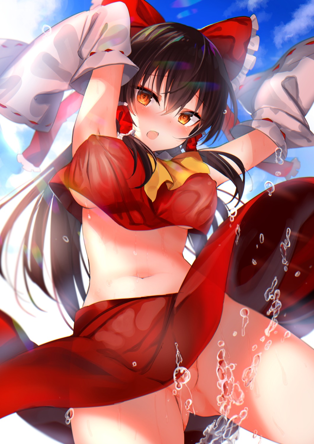 amamitsu_kousuke erect_nipples hakurei_reimu japanese_clothes no_bra nopan pussy see_through shirt_lift skirt_lift touhou