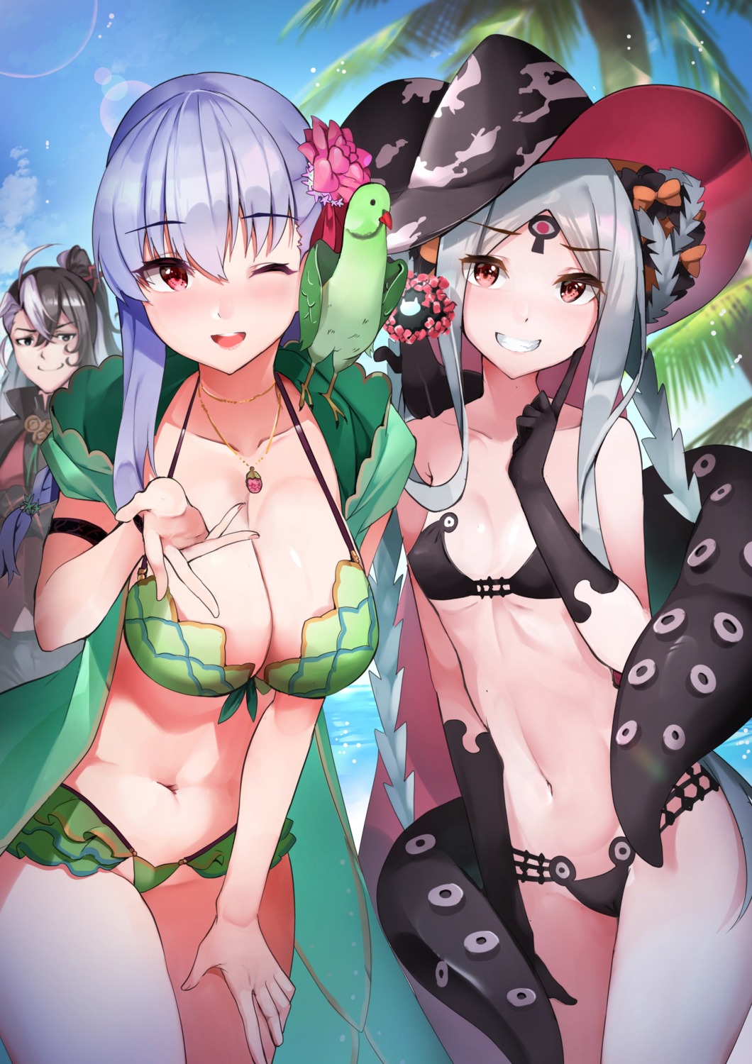 abigail_williams_(fate) bikini fate/grand_order kama_(fate/grand_order) open_shirt sezoku swimsuits tentacles